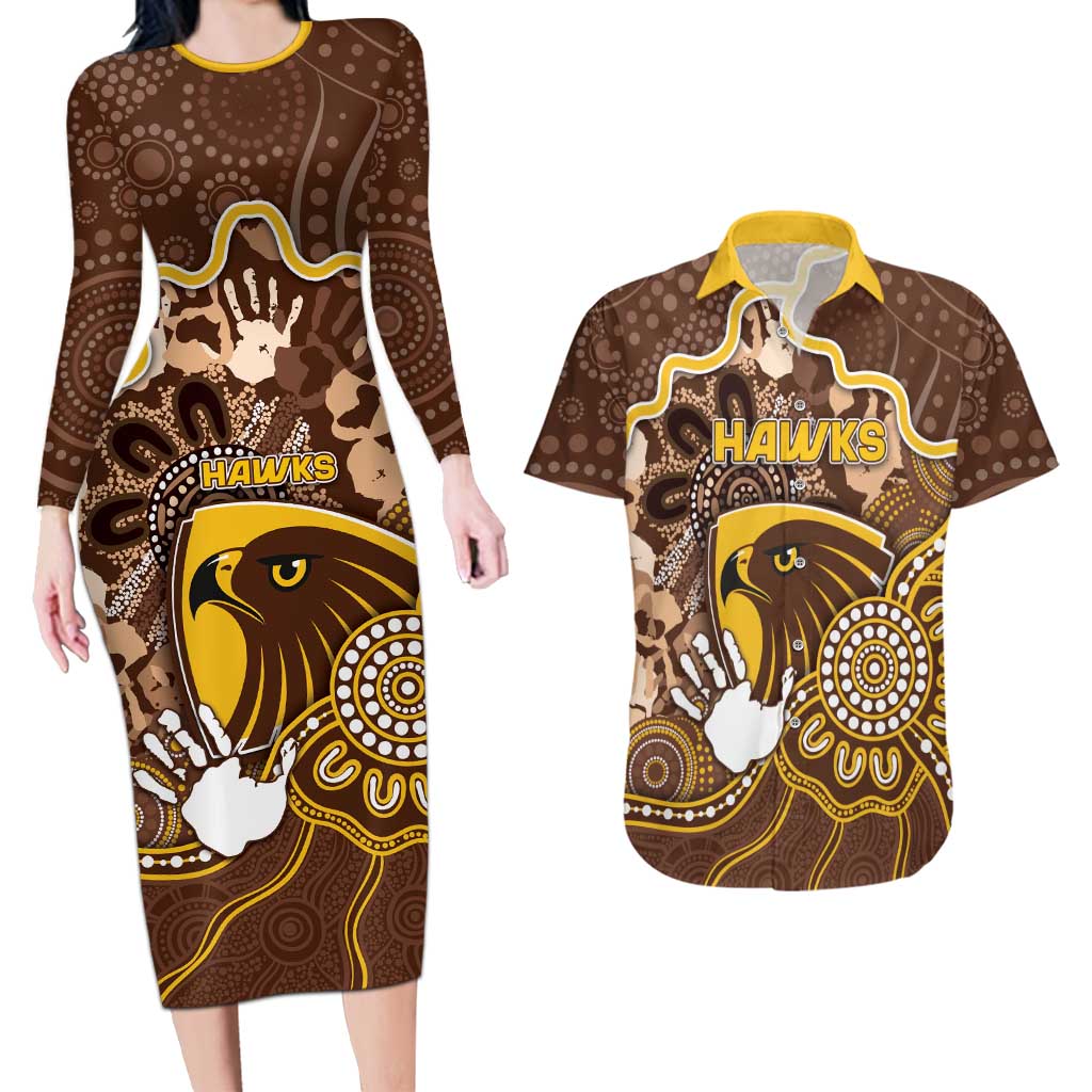 Custom Hawks Football Couples Matching Long Sleeve Bodycon Dress and Hawaiian Shirt Aboriginal Dot Art Pattern