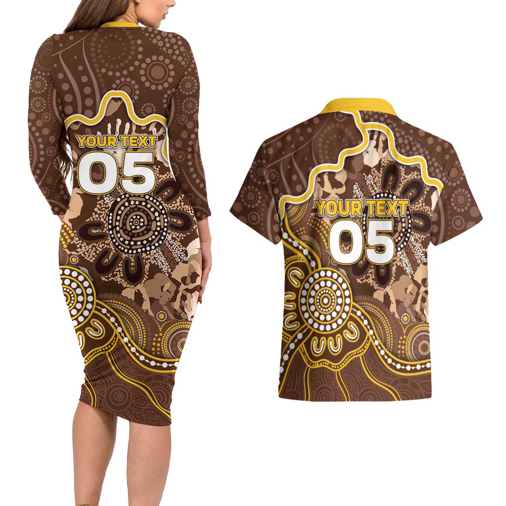 Custom Hawks Football Couples Matching Long Sleeve Bodycon Dress and Hawaiian Shirt Aboriginal Dot Art Pattern