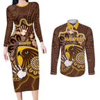 Custom Hawks Football Couples Matching Long Sleeve Bodycon Dress and Long Sleeve Button Shirt Aboriginal Dot Art Pattern