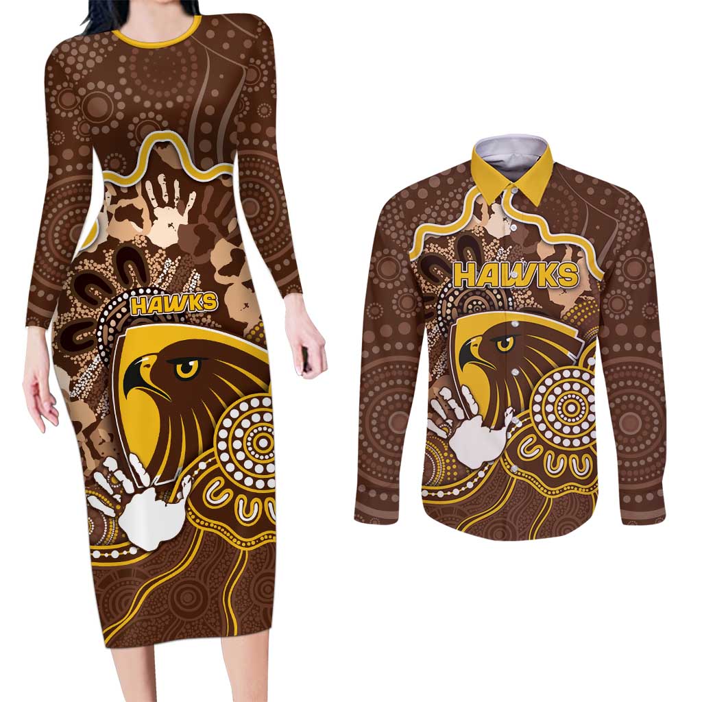 Custom Hawks Football Couples Matching Long Sleeve Bodycon Dress and Long Sleeve Button Shirt Aboriginal Dot Art Pattern