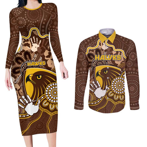 Custom Hawks Football Couples Matching Long Sleeve Bodycon Dress and Long Sleeve Button Shirt Aboriginal Dot Art Pattern
