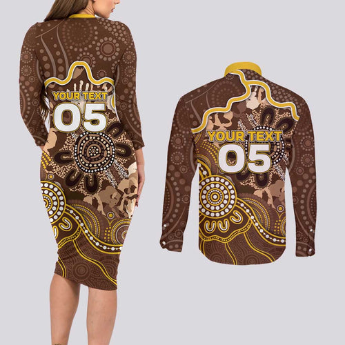 Custom Hawks Football Couples Matching Long Sleeve Bodycon Dress and Long Sleeve Button Shirt Aboriginal Dot Art Pattern
