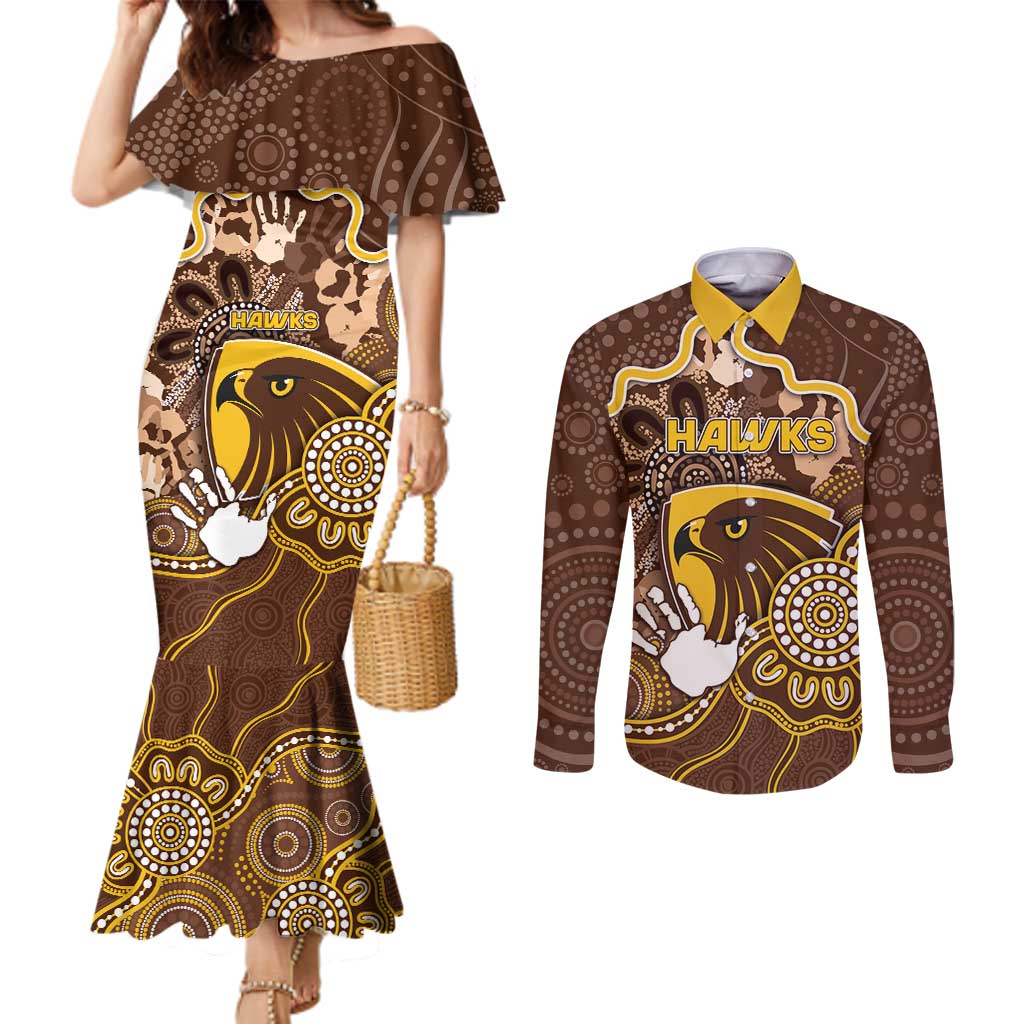 Custom Hawks Football Couples Matching Mermaid Dress and Long Sleeve Button Shirt Aboriginal Dot Art Pattern