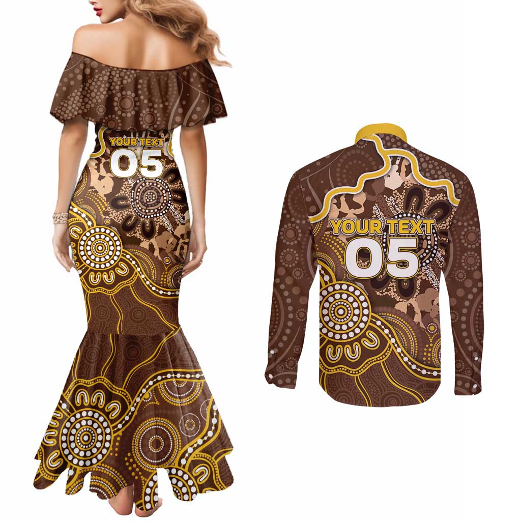 Custom Hawks Football Couples Matching Mermaid Dress and Long Sleeve Button Shirt Aboriginal Dot Art Pattern