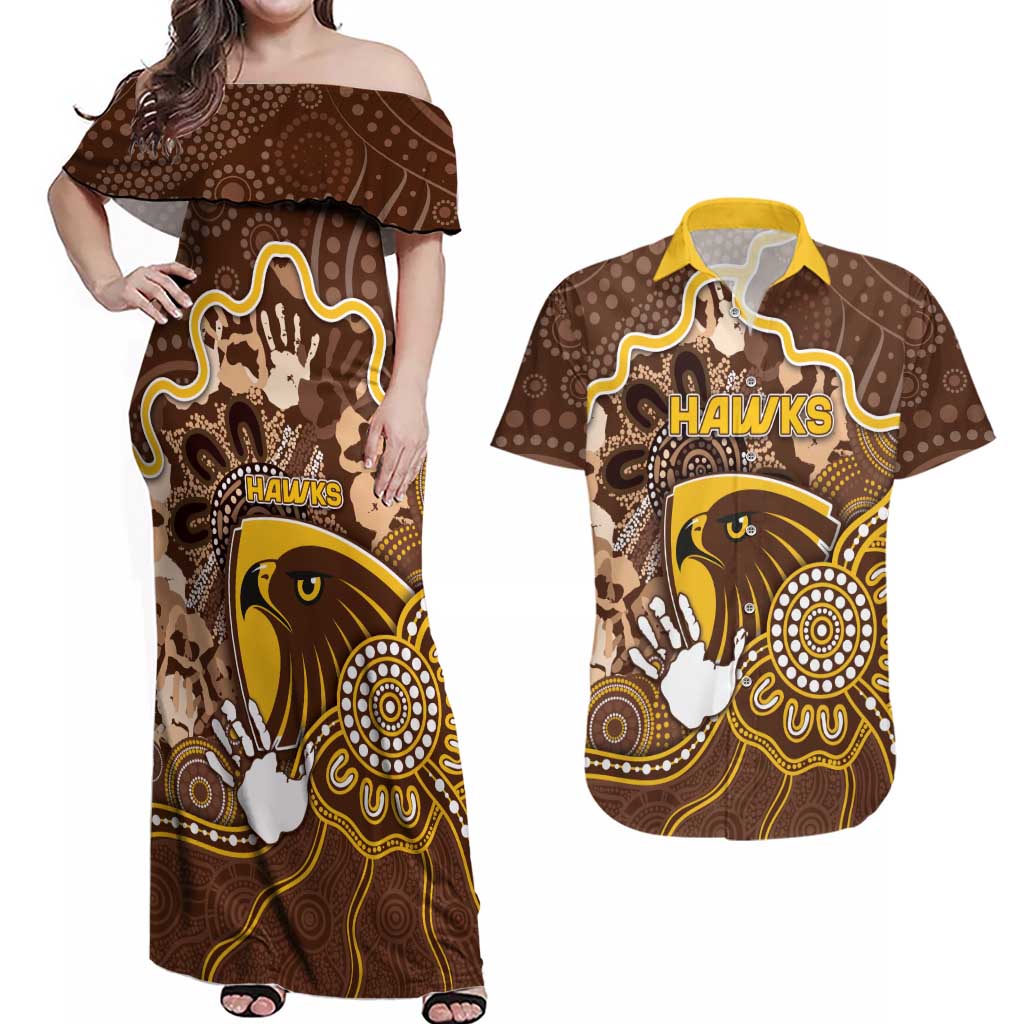 Custom Hawks Football Couples Matching Off Shoulder Maxi Dress and Hawaiian Shirt Aboriginal Dot Art Pattern
