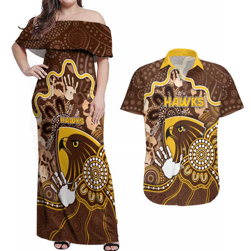 Custom Hawks Football Couples Matching Off Shoulder Maxi Dress and Hawaiian Shirt Aboriginal Dot Art Pattern