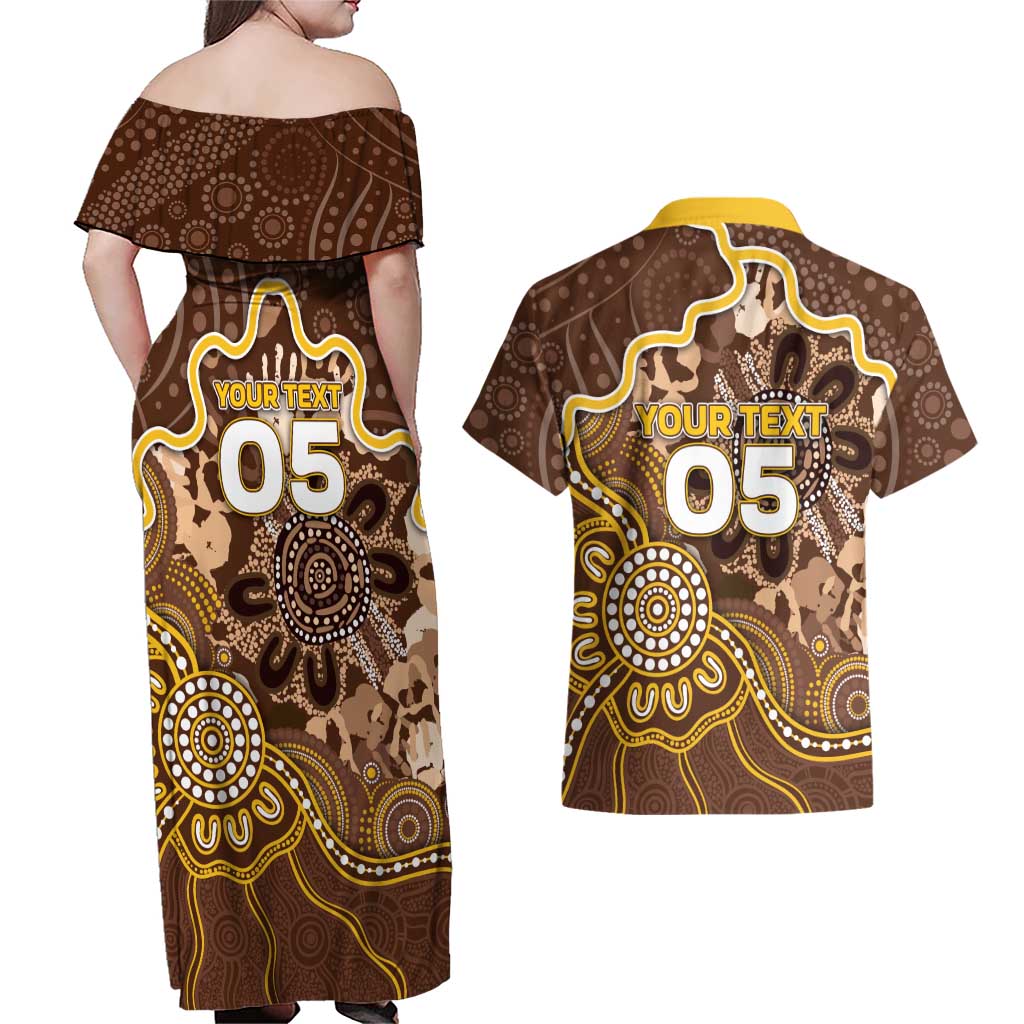Custom Hawks Football Couples Matching Off Shoulder Maxi Dress and Hawaiian Shirt Aboriginal Dot Art Pattern