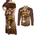 Custom Hawks Football Couples Matching Off Shoulder Maxi Dress and Long Sleeve Button Shirt Aboriginal Dot Art Pattern