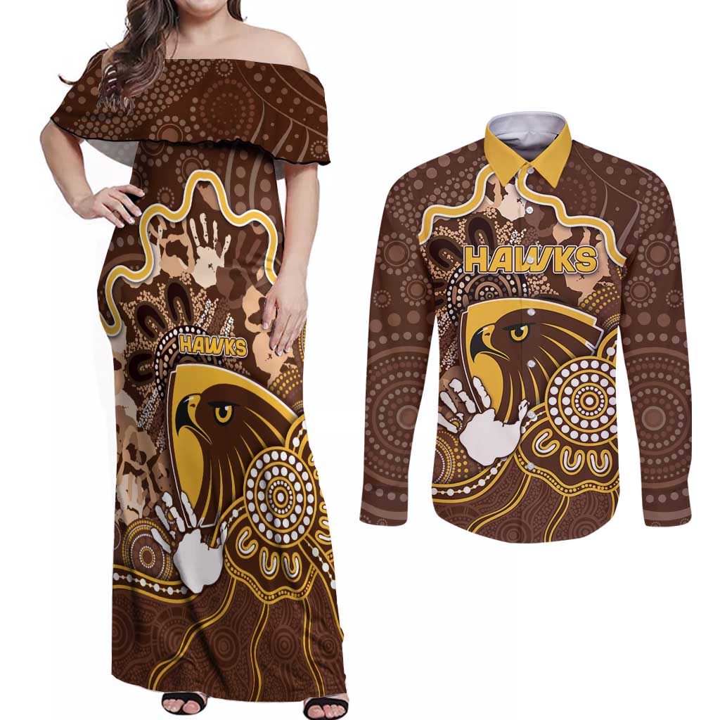 Custom Hawks Football Couples Matching Off Shoulder Maxi Dress and Long Sleeve Button Shirt Aboriginal Dot Art Pattern