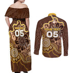 Custom Hawks Football Couples Matching Off Shoulder Maxi Dress and Long Sleeve Button Shirt Aboriginal Dot Art Pattern
