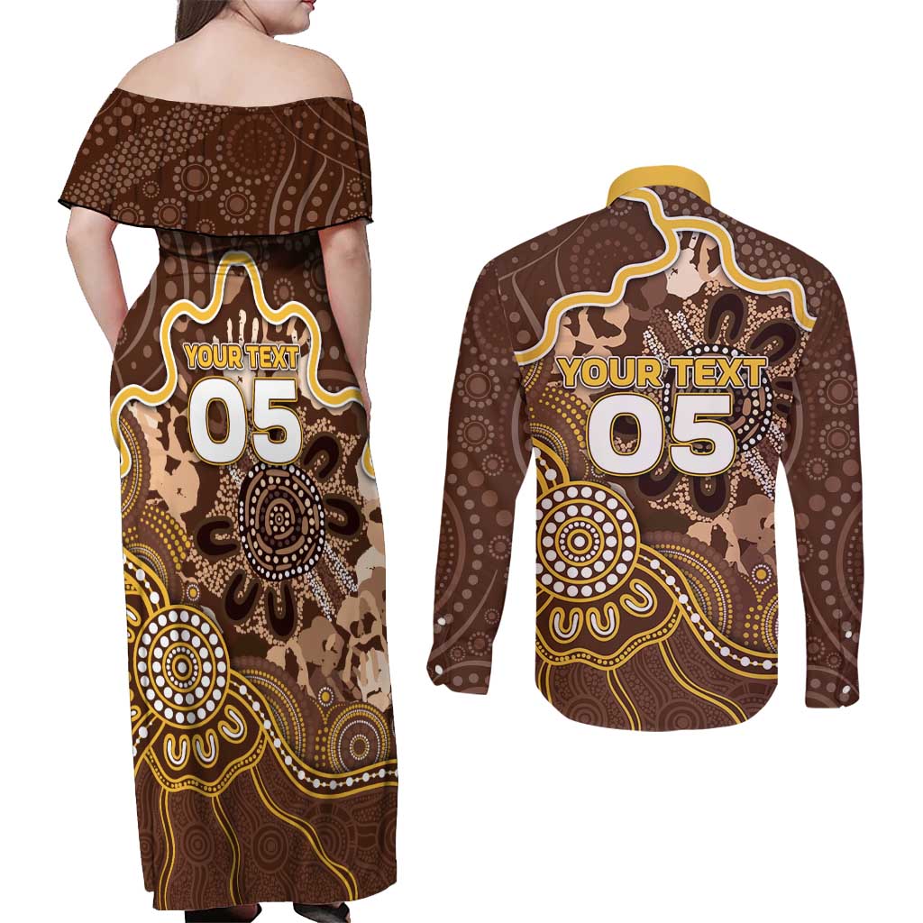 Custom Hawks Football Couples Matching Off Shoulder Maxi Dress and Long Sleeve Button Shirt Aboriginal Dot Art Pattern