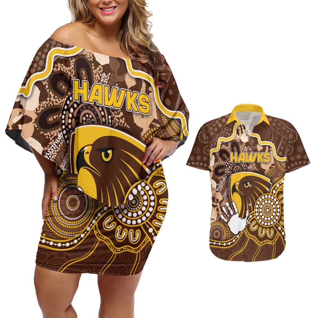 Custom Hawks Football Couples Matching Off Shoulder Short Dress and Hawaiian Shirt Aboriginal Dot Art Pattern