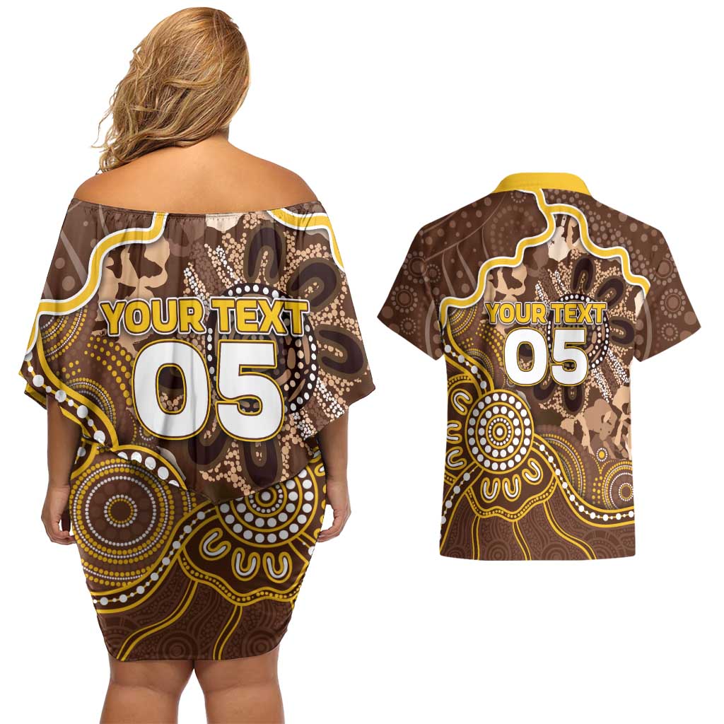 Custom Hawks Football Couples Matching Off Shoulder Short Dress and Hawaiian Shirt Aboriginal Dot Art Pattern