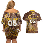 Custom Hawks Football Couples Matching Off Shoulder Short Dress and Hawaiian Shirt Aboriginal Dot Art Pattern