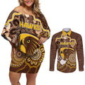 Custom Hawks Football Couples Matching Off Shoulder Short Dress and Long Sleeve Button Shirt Aboriginal Dot Art Pattern