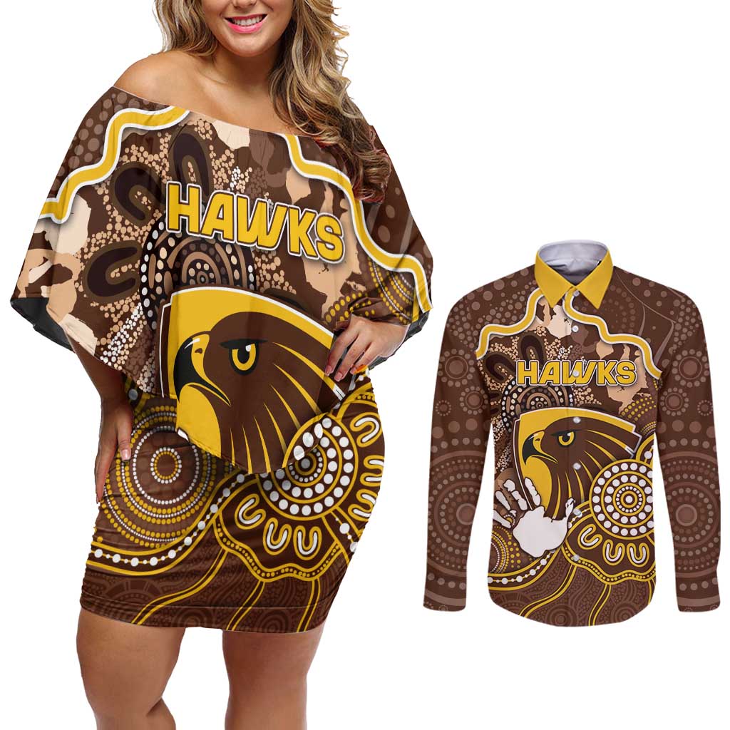 Custom Hawks Football Couples Matching Off Shoulder Short Dress and Long Sleeve Button Shirt Aboriginal Dot Art Pattern