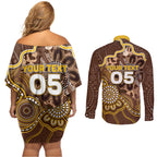 Custom Hawks Football Couples Matching Off Shoulder Short Dress and Long Sleeve Button Shirt Aboriginal Dot Art Pattern