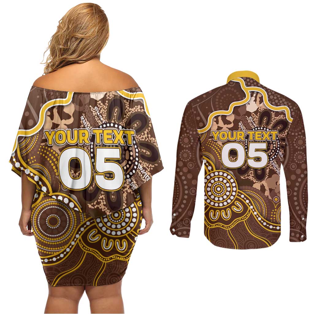 Custom Hawks Football Couples Matching Off Shoulder Short Dress and Long Sleeve Button Shirt Aboriginal Dot Art Pattern
