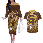 Custom Hawks Football Couples Matching Off The Shoulder Long Sleeve Dress and Hawaiian Shirt Aboriginal Dot Art Pattern
