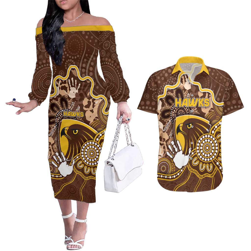 Custom Hawks Football Couples Matching Off The Shoulder Long Sleeve Dress and Hawaiian Shirt Aboriginal Dot Art Pattern