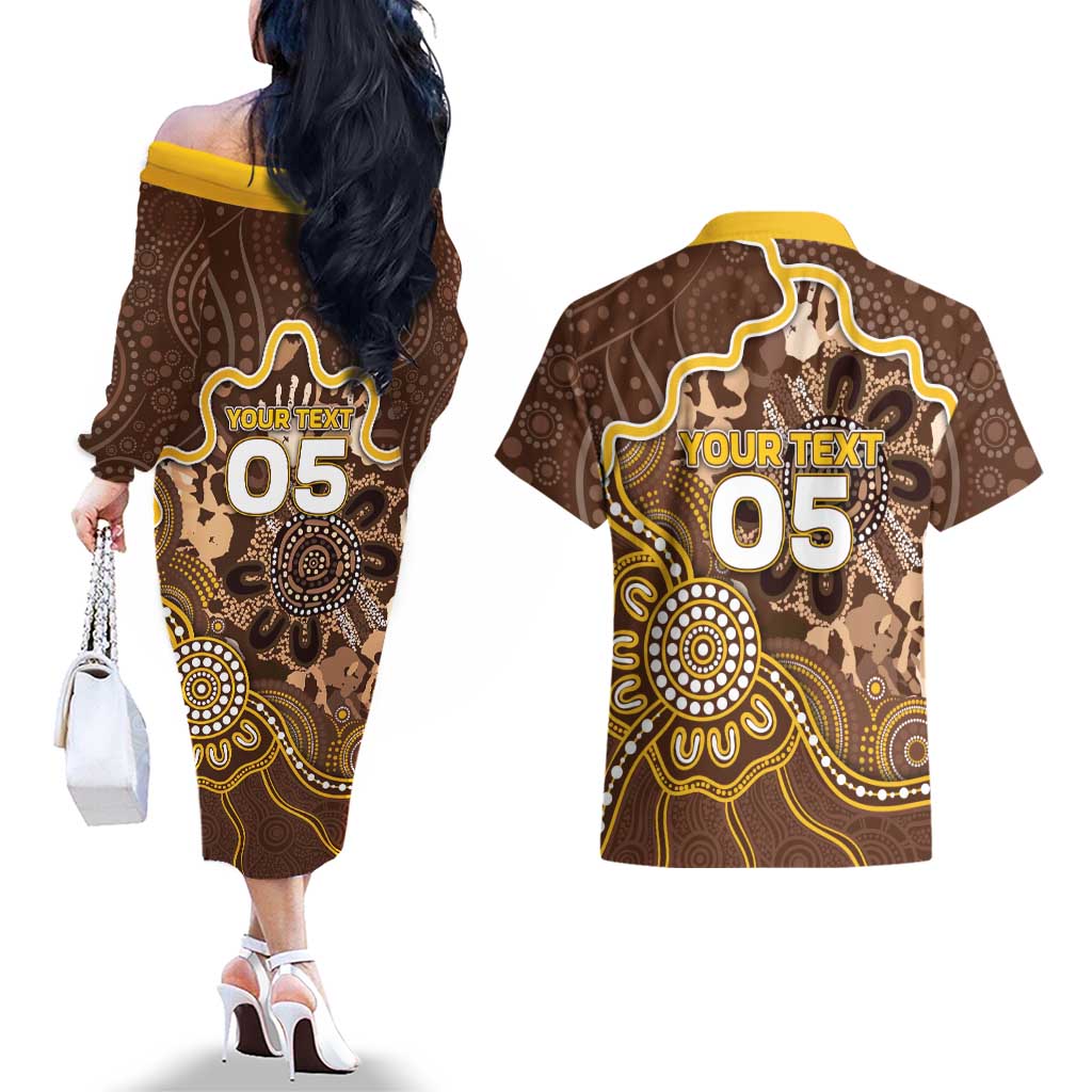 Custom Hawks Football Couples Matching Off The Shoulder Long Sleeve Dress and Hawaiian Shirt Aboriginal Dot Art Pattern