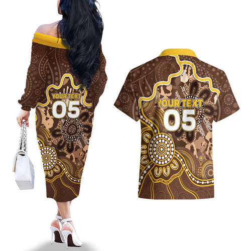 Custom Hawks Football Couples Matching Off The Shoulder Long Sleeve Dress and Hawaiian Shirt Aboriginal Dot Art Pattern