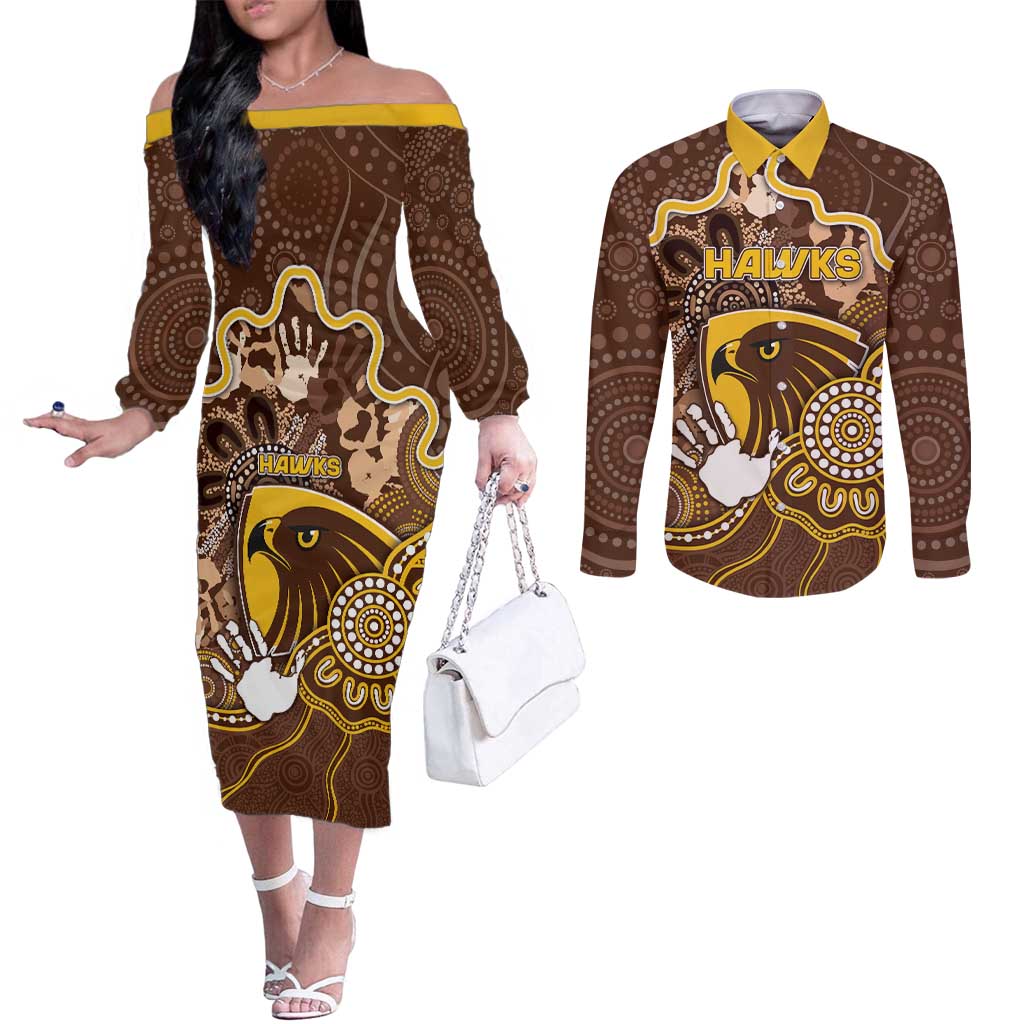 Custom Hawks Football Couples Matching Off The Shoulder Long Sleeve Dress and Long Sleeve Button Shirt Aboriginal Dot Art Pattern