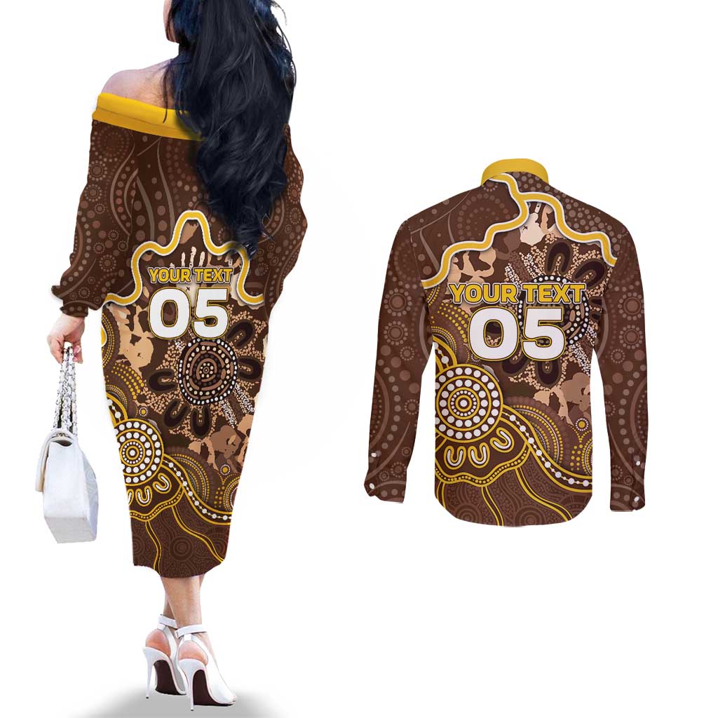 Custom Hawks Football Couples Matching Off The Shoulder Long Sleeve Dress and Long Sleeve Button Shirt Aboriginal Dot Art Pattern