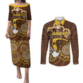 Custom Hawks Football Couples Matching Puletasi and Long Sleeve Button Shirt Aboriginal Dot Art Pattern