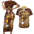 Custom Hawks Football Couples Matching Short Sleeve Bodycon Dress and Hawaiian Shirt Aboriginal Dot Art Pattern