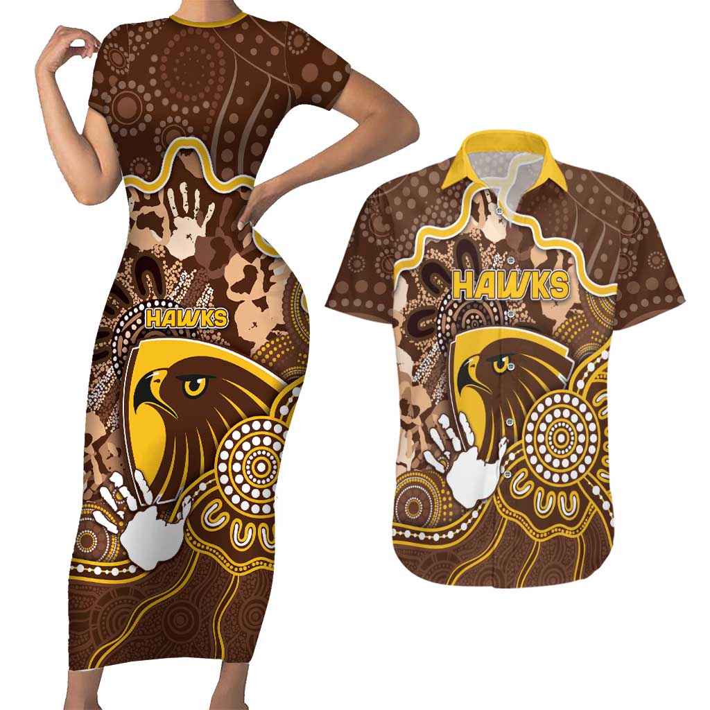 Custom Hawks Football Couples Matching Short Sleeve Bodycon Dress and Hawaiian Shirt Aboriginal Dot Art Pattern