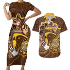 Custom Hawks Football Couples Matching Short Sleeve Bodycon Dress and Hawaiian Shirt Aboriginal Dot Art Pattern