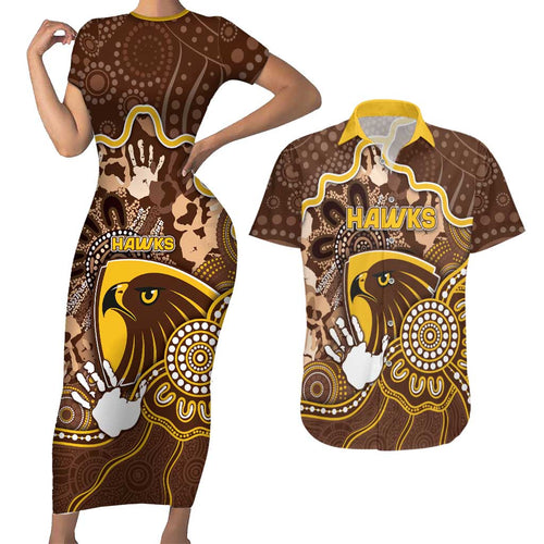 Custom Hawks Football Couples Matching Short Sleeve Bodycon Dress and Hawaiian Shirt Aboriginal Dot Art Pattern