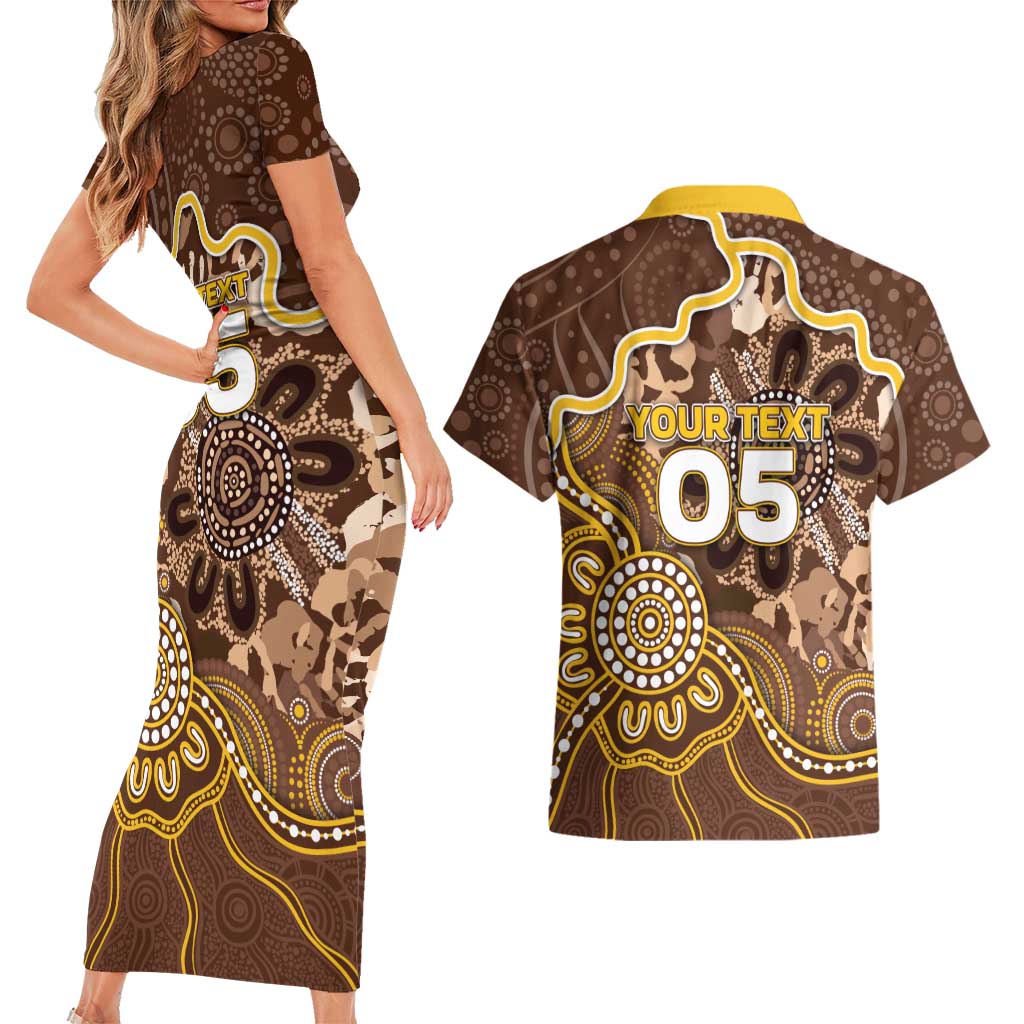 Custom Hawks Football Couples Matching Short Sleeve Bodycon Dress and Hawaiian Shirt Aboriginal Dot Art Pattern