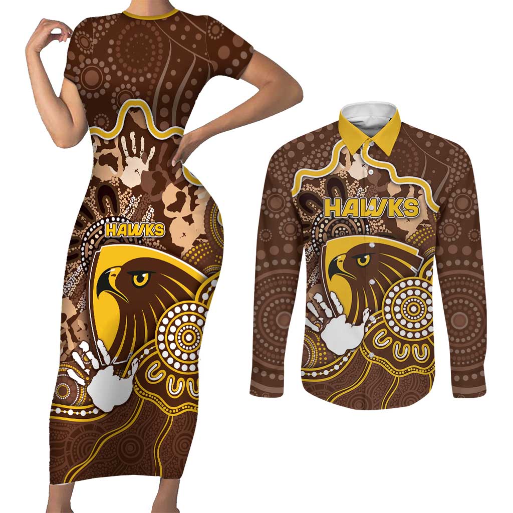 Custom Hawks Football Couples Matching Short Sleeve Bodycon Dress and Long Sleeve Button Shirt Aboriginal Dot Art Pattern