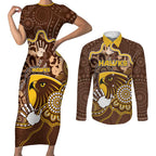 Custom Hawks Football Couples Matching Short Sleeve Bodycon Dress and Long Sleeve Button Shirt Aboriginal Dot Art Pattern