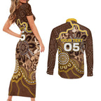 Custom Hawks Football Couples Matching Short Sleeve Bodycon Dress and Long Sleeve Button Shirt Aboriginal Dot Art Pattern