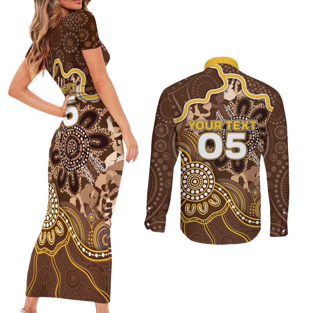 Custom Hawks Football Couples Matching Short Sleeve Bodycon Dress and Long Sleeve Button Shirt Aboriginal Dot Art Pattern