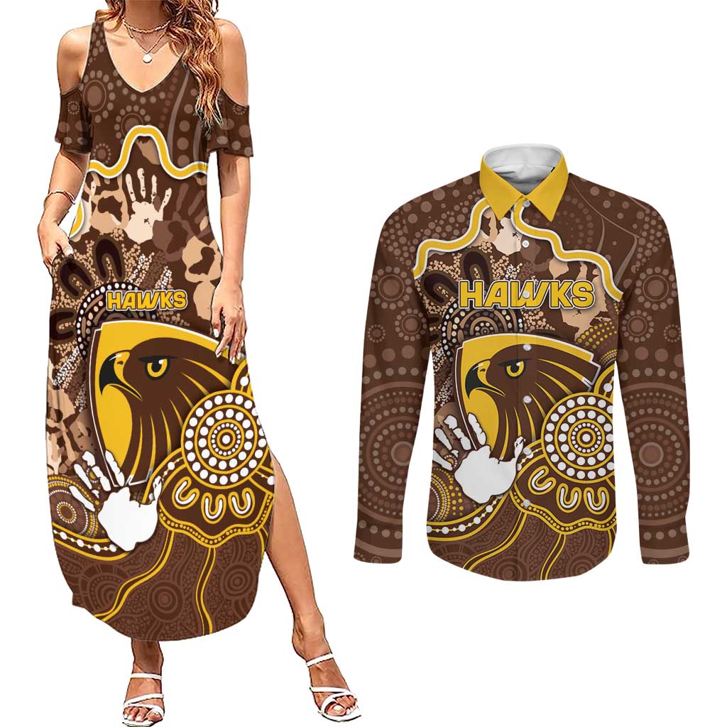 Custom Hawks Football Couples Matching Summer Maxi Dress and Long Sleeve Button Shirt Aboriginal Dot Art Pattern