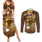 Custom Hawks Football Couples Matching Summer Maxi Dress and Long Sleeve Button Shirt Aboriginal Dot Art Pattern