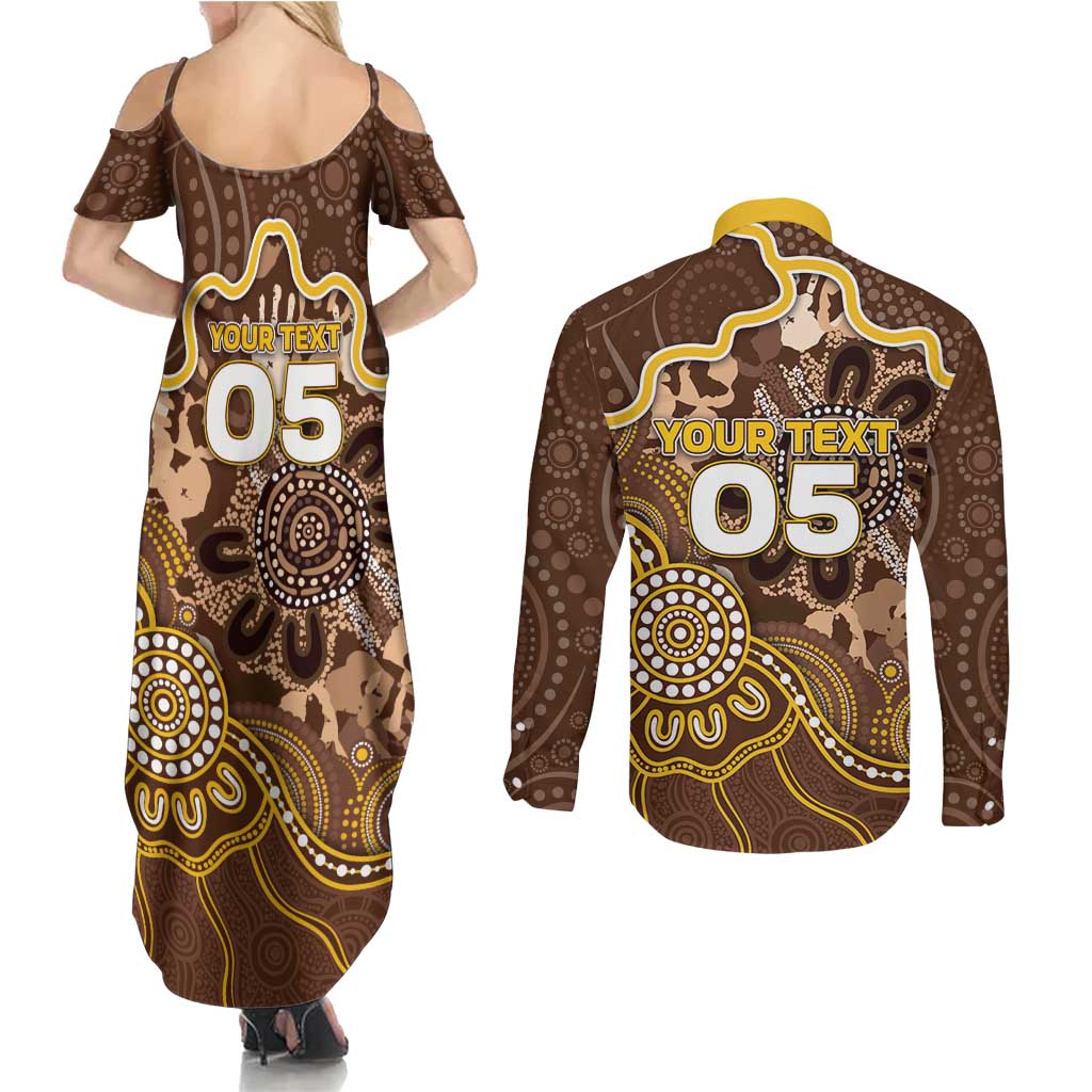 Custom Hawks Football Couples Matching Summer Maxi Dress and Long Sleeve Button Shirt Aboriginal Dot Art Pattern