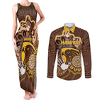 Custom Hawks Football Couples Matching Tank Maxi Dress and Long Sleeve Button Shirt Aboriginal Dot Art Pattern