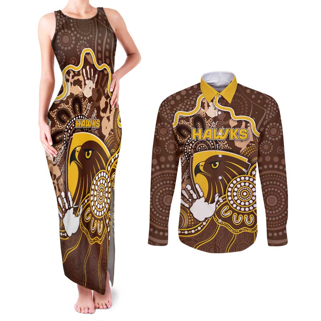Custom Hawks Football Couples Matching Tank Maxi Dress and Long Sleeve Button Shirt Aboriginal Dot Art Pattern