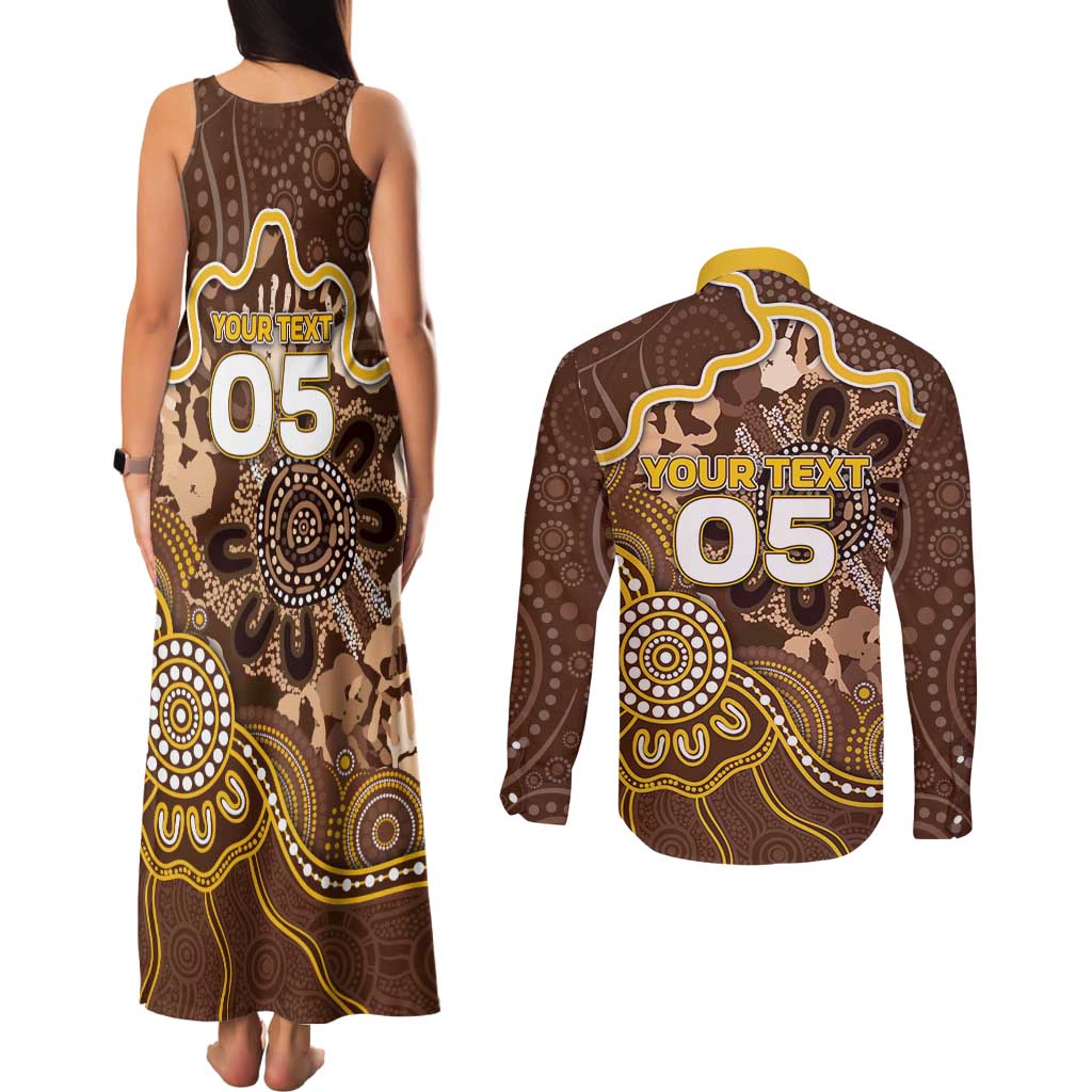 Custom Hawks Football Couples Matching Tank Maxi Dress and Long Sleeve Button Shirt Aboriginal Dot Art Pattern