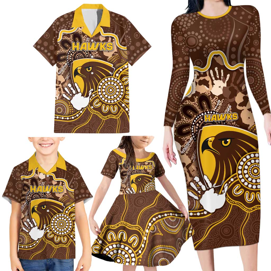 Custom Hawks Football Family Matching Long Sleeve Bodycon Dress and Hawaiian Shirt Aboriginal Dot Art Pattern