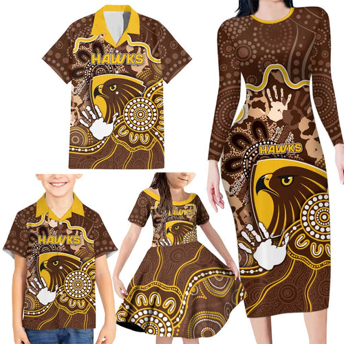 Custom Hawks Football Family Matching Long Sleeve Bodycon Dress and Hawaiian Shirt Aboriginal Dot Art Pattern