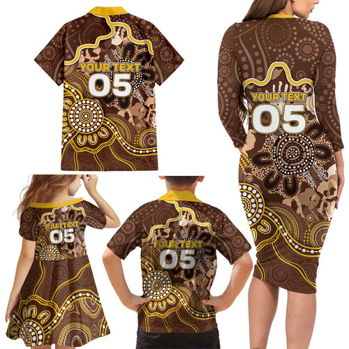 Custom Hawks Football Family Matching Long Sleeve Bodycon Dress and Hawaiian Shirt Aboriginal Dot Art Pattern