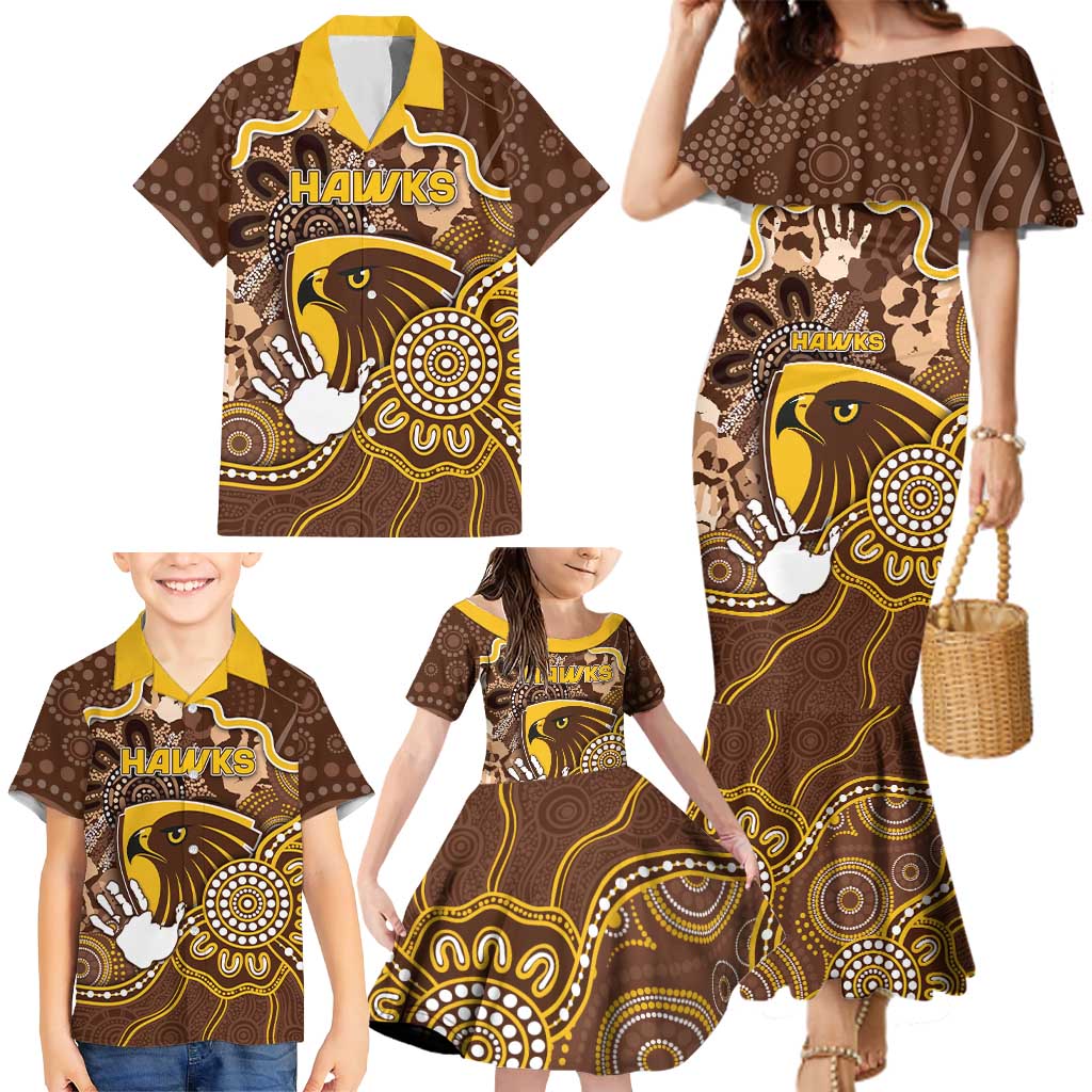 Custom Hawks Football Family Matching Mermaid Dress and Hawaiian Shirt Aboriginal Dot Art Pattern