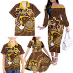 Custom Hawks Football Family Matching Off The Shoulder Long Sleeve Dress and Hawaiian Shirt Aboriginal Dot Art Pattern