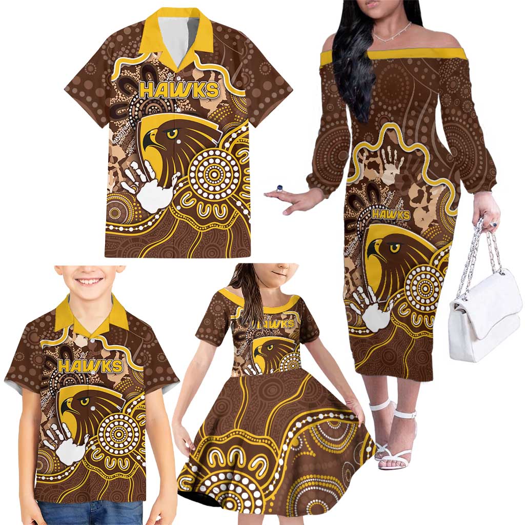 Custom Hawks Football Family Matching Off The Shoulder Long Sleeve Dress and Hawaiian Shirt Aboriginal Dot Art Pattern